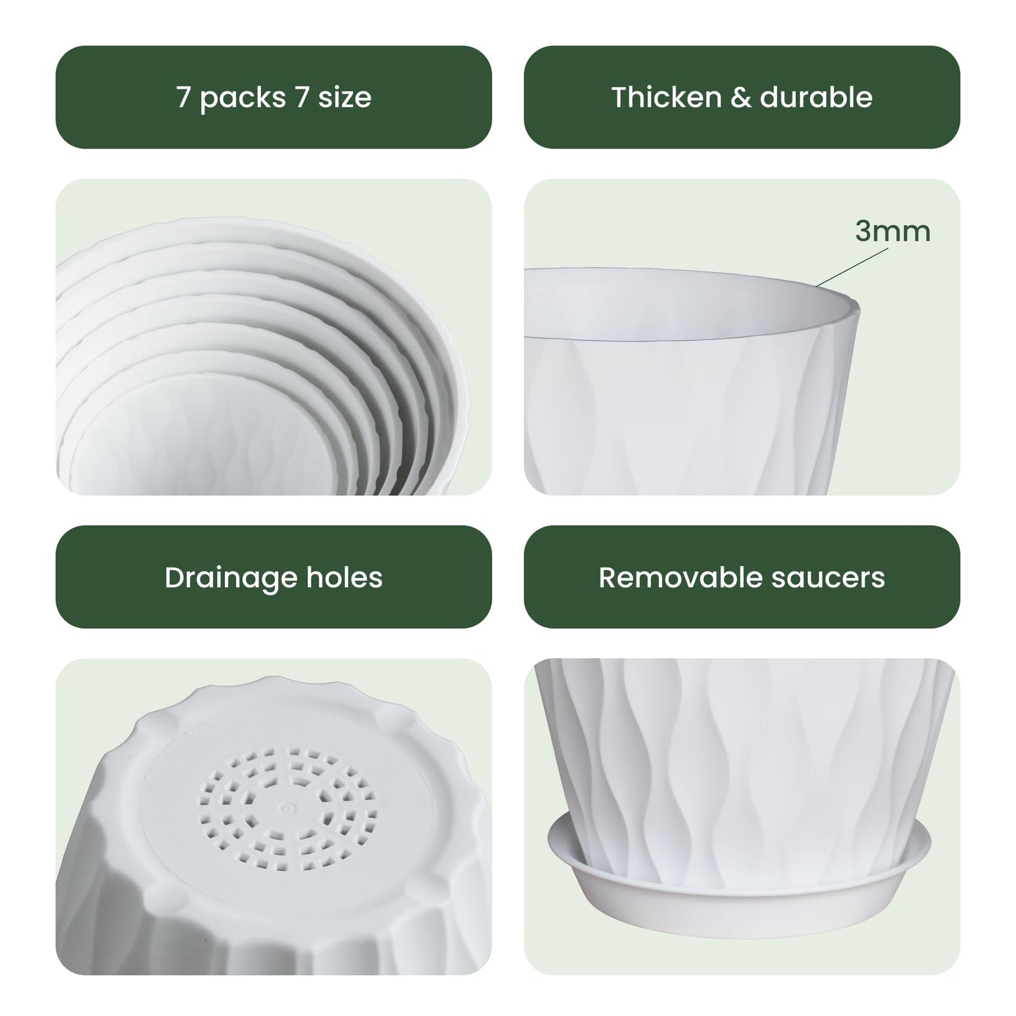 LESOASIS Flower Pots, 7/6.5/6/5.5/5/4.5/4 inch Plastic Plant Pots, 7 Pack Planter for Indoor Outdoor Plants, Nursery Planting Pot with Drainage Holes and Trays (White)
