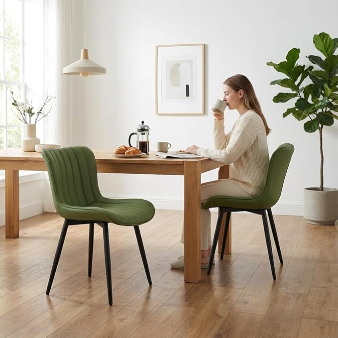 YOUNUOKE Mid-Century Modern Dining Chairs Set of 2, Olive Green Faux Leather