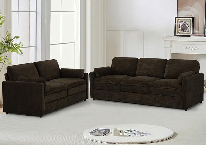Comfy Chenille Sofa Set with Well-Filled Pillows, Modern 3 Seater and Loveseat