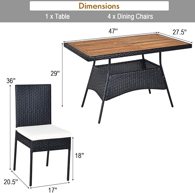 Tangkula 5 Piece Wicker Patio Dining Set, Outdoor Rattan Table & Chairs Set