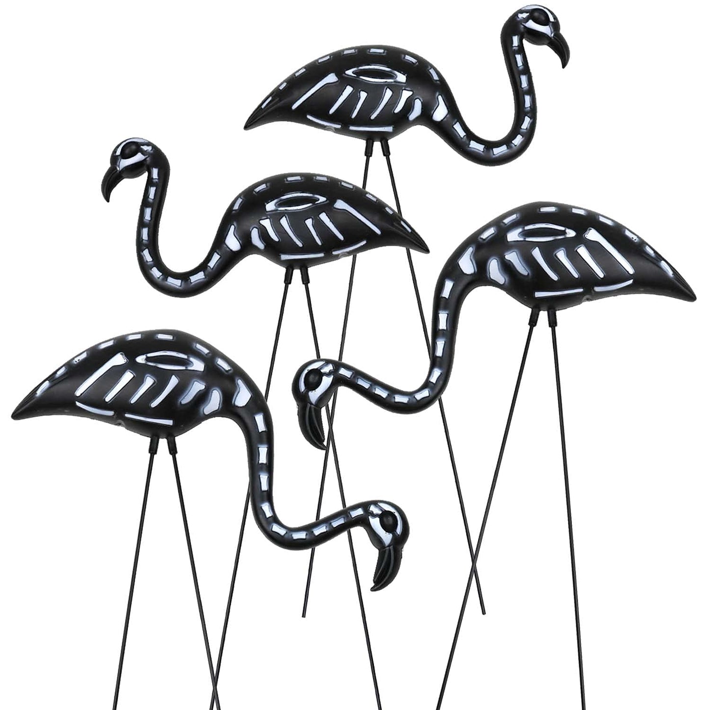 GiftExpress 4-Pack Small Halloween Black Flamingo Skeleton, Zombie Flamingos, Skull Flamingo with Stakes for Halloween Lawn Ornaments, Spooky Graveyard Decorations