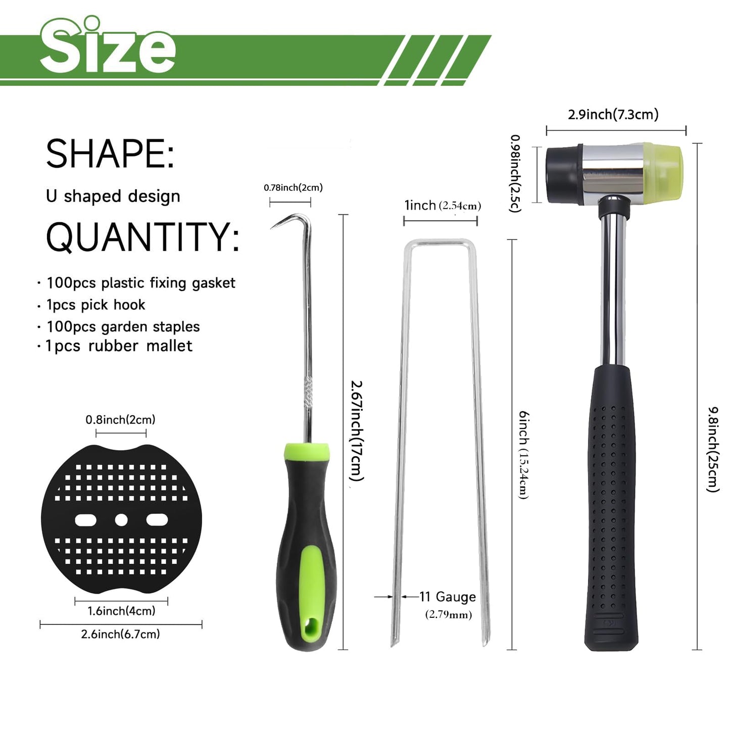 YACOO 6 Inch Landscape Staples Set, 11 Gauge Galvanized U-Shaped Garden Stakes (100 Pack) with Gaskets, Hook Tool & Rubber Mallet for Weed Fabric & Landscaping