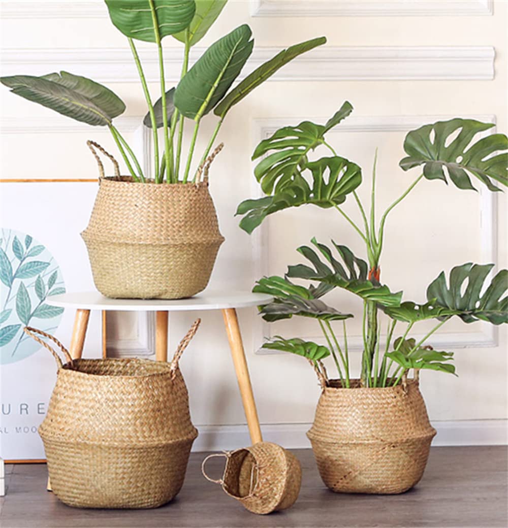 DOKOT Seagrass Plant Basket with Handles, Wicker Woven Storage Basket (8.3inch Diameter x 9inch Height), Natural