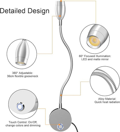 Wall Mounted LED Reading Light with 360° Flexible Gooseneck, Dimmable Bedside Reading Lights for Books In Bed, Plug In Headboard Night Lights, Eye-Caring, 3 Colors Temperature, Touch Control-1 Pack