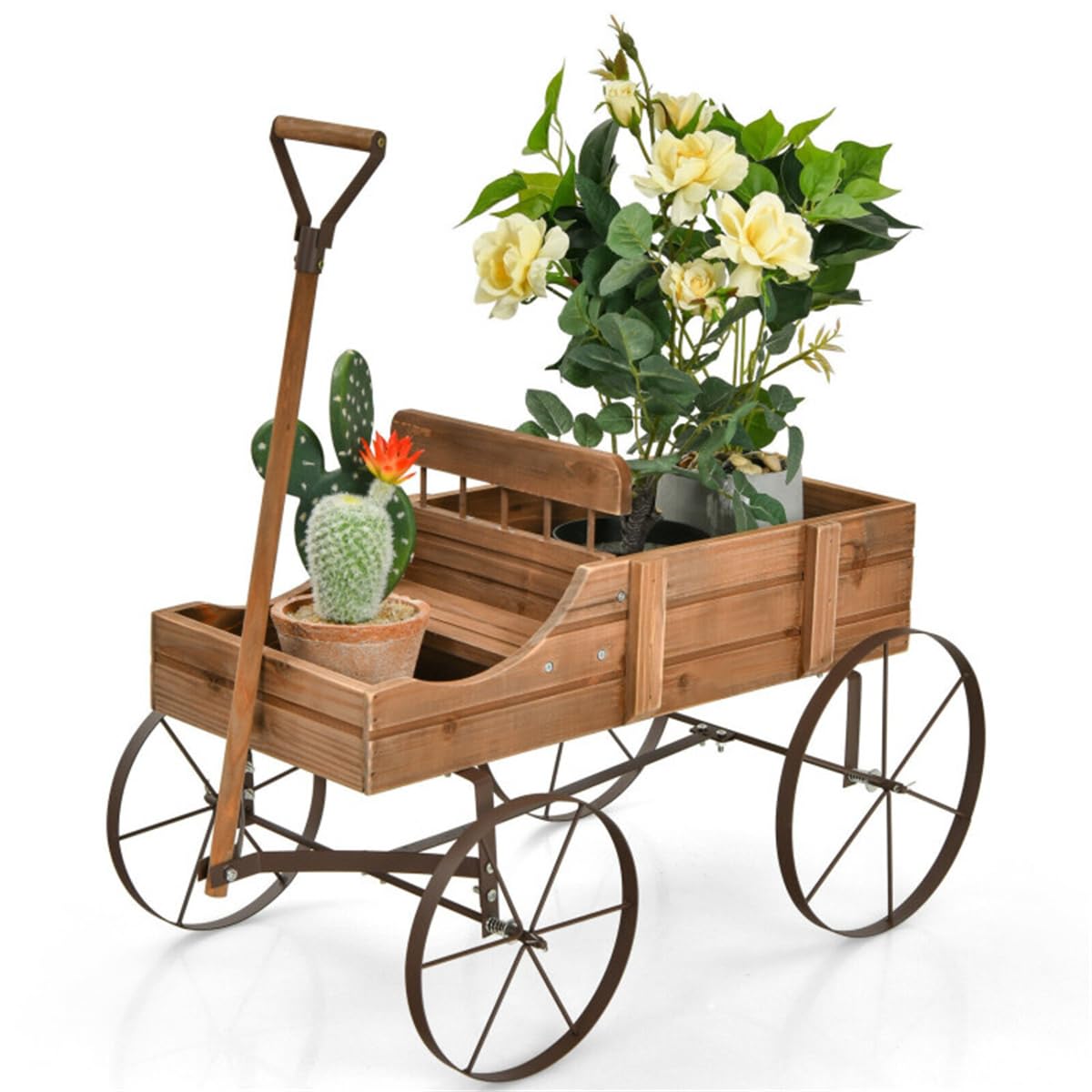 DESIGNSCAPE3D Wooden Wagon Planter Cart – Rustic Raised Garden Bed with Wheels & Handle for Outdoor Patio, Yard, Backyard, Brown Fir Wood Flower Box