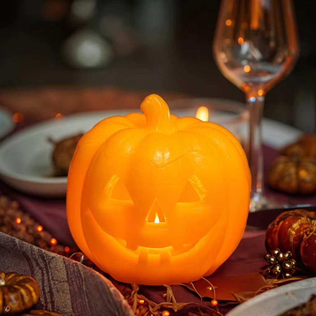 Romingo Decoration flameless Pumpkin Candle Halloween Smile Lighted Pumpkin with 10-Key Remote, Pumpkins Shaped Flameless Real Wax Flickering Candle with Timer for Home Table Centerpiece Decoration