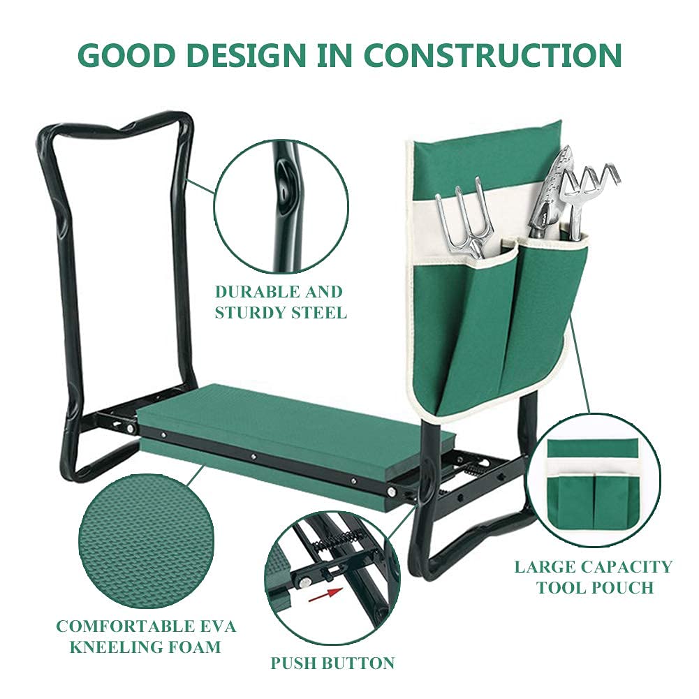 Garden Kneeler and Seat Stool Heavy Duty Garden Folding Bench with Large Tool Pocket and Soft EVA Kneeling Pad for Gardening Lovers