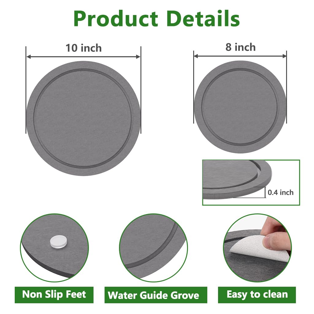 Johamoo Plant Saucer for Indoors, 8+10 Inch, Instantly Dry Diatomaceous Earth Plant Trays, Stone Plant Pot Saucers Drip & Drainage Tray, Gray