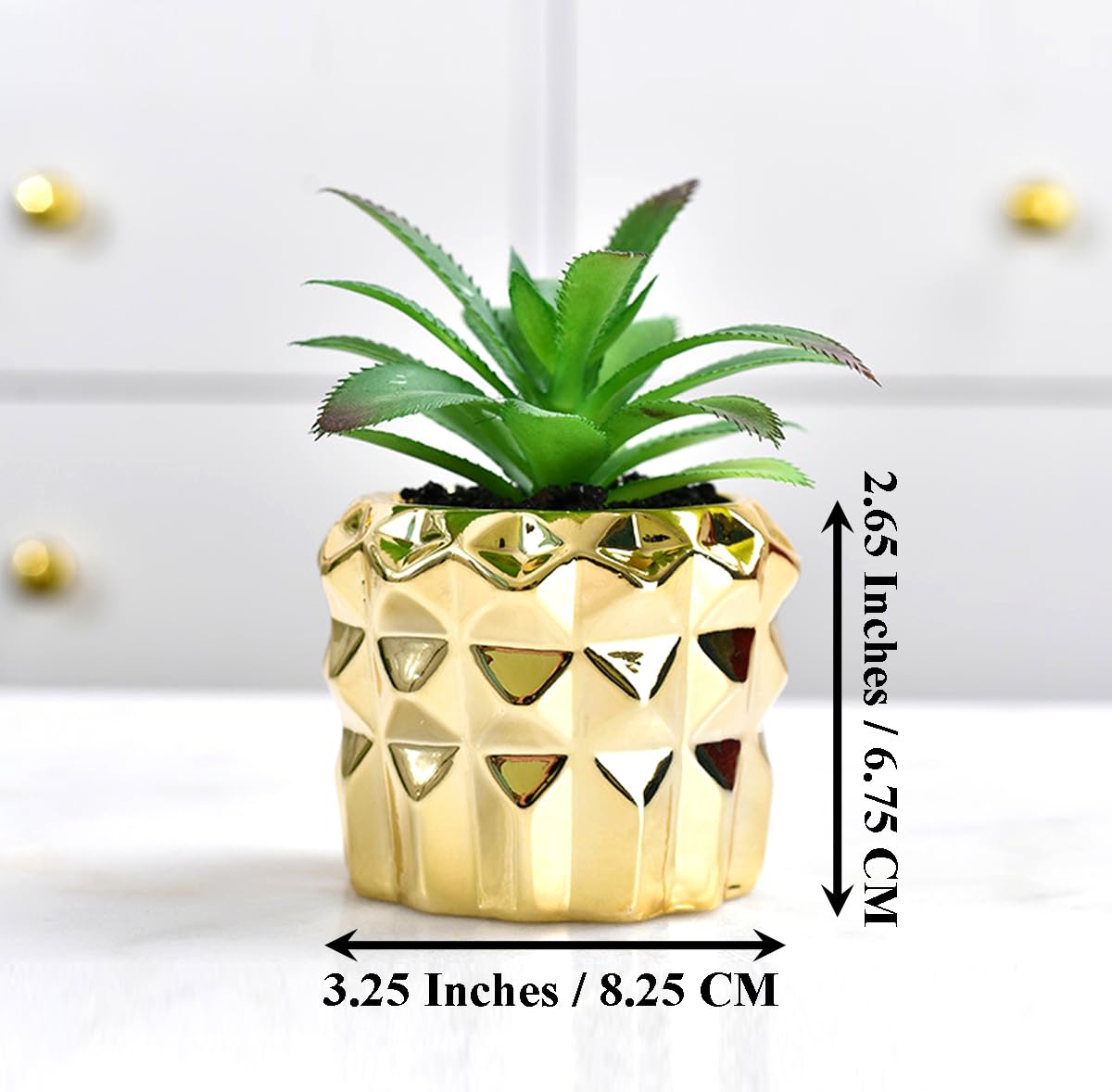 ROSE CREATE 4pcs 3.5 Inches Gold Mini Succulent Ceramic Pots Holder with 4pcs Bamboo Trays, Small Simple Golden Porcelain Plant Cactus Flower Holder Decorative Planters, Plants Not Included