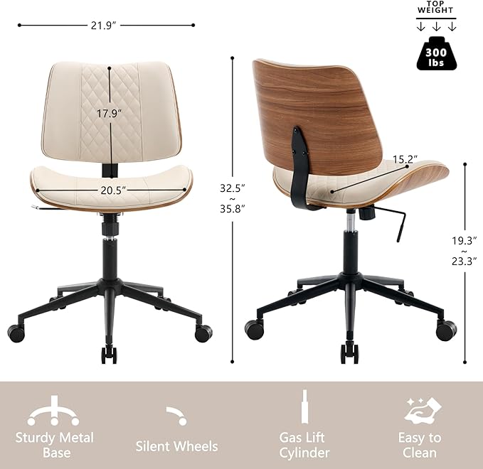 Home Office Chair No Arms with Wheels, Adjustable Height Small Desk Chair