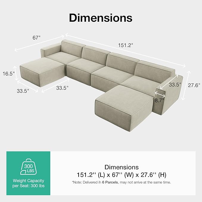 Novilla 151.2" Modular Sectional Sofa, No Assembly Cloud Sectional Couch