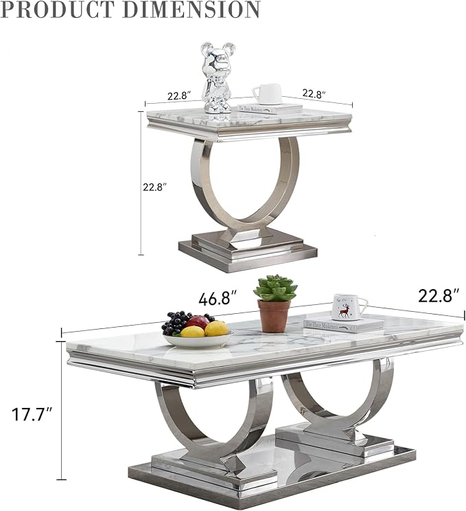 2 Piece Living Room Table Set Include 1 Faux Marble Coffee Table & 1 End Table, Modern White Silver Coffee Table Set of 2 with Double O Shape Stainless Steel Pedestal Base