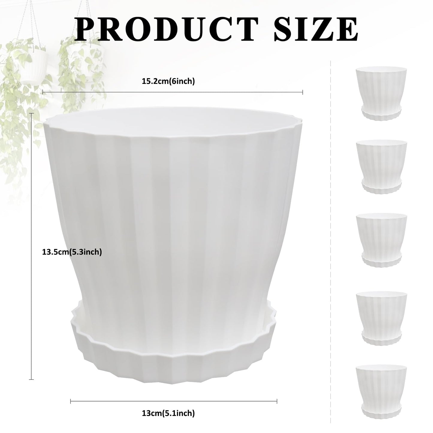 KAHEAUM Flower Pots Outdoor Clearance 6 inch Set of 5 Succulent Planters for Indoor Plants Garden Home Holiday, Plastic Nursery Pots for Plants with Drainage Holes and Saucer, Modern Plant Pot White