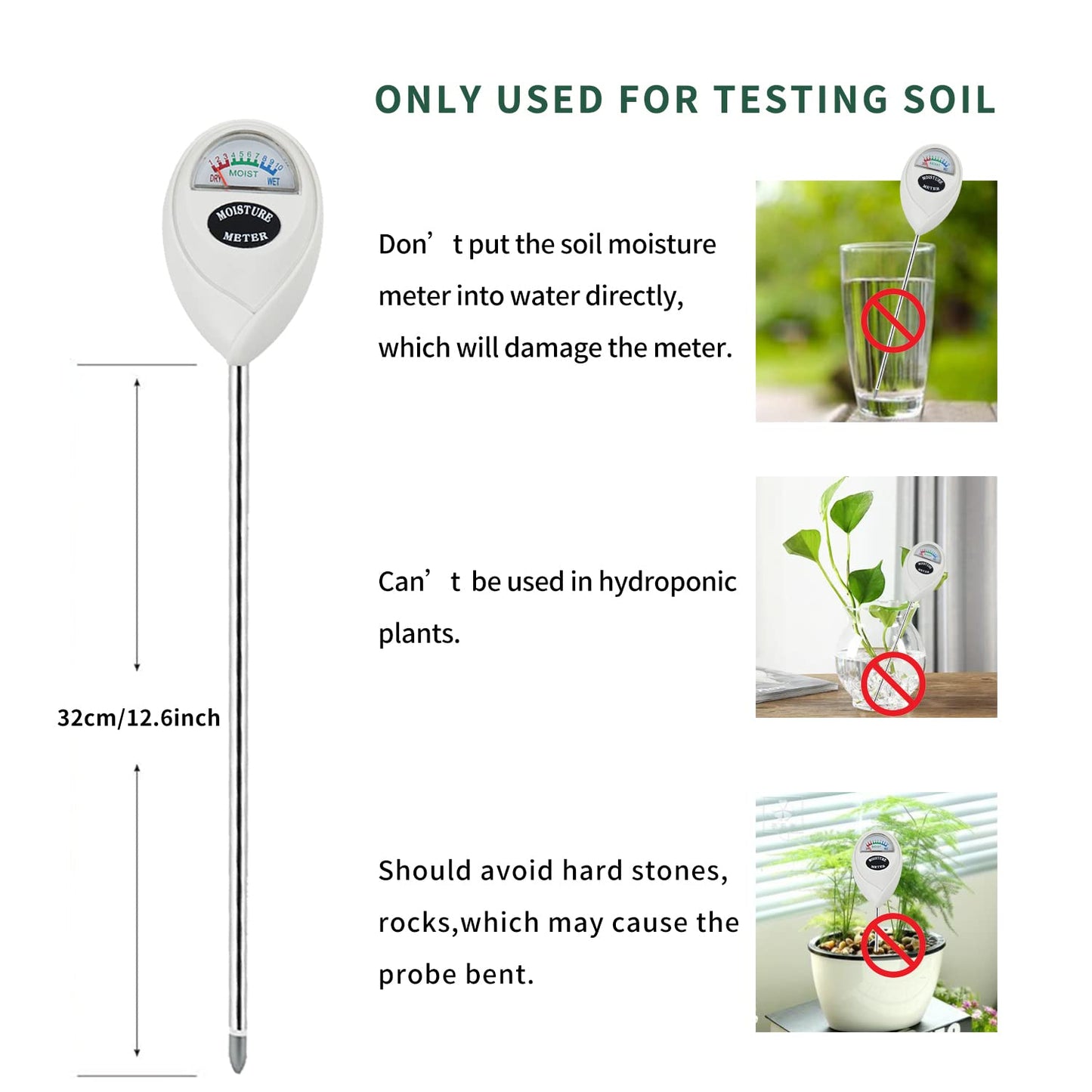 Censinda Soil Moisture Meter, 2 Pack Long Probe Soil Moisture Monitor for House Plants, Soil Hygrometer Moisture Sensor for Indoor & Outdoor, Garden, Farm, Lawn Plant Care, No Battery Needed(White)