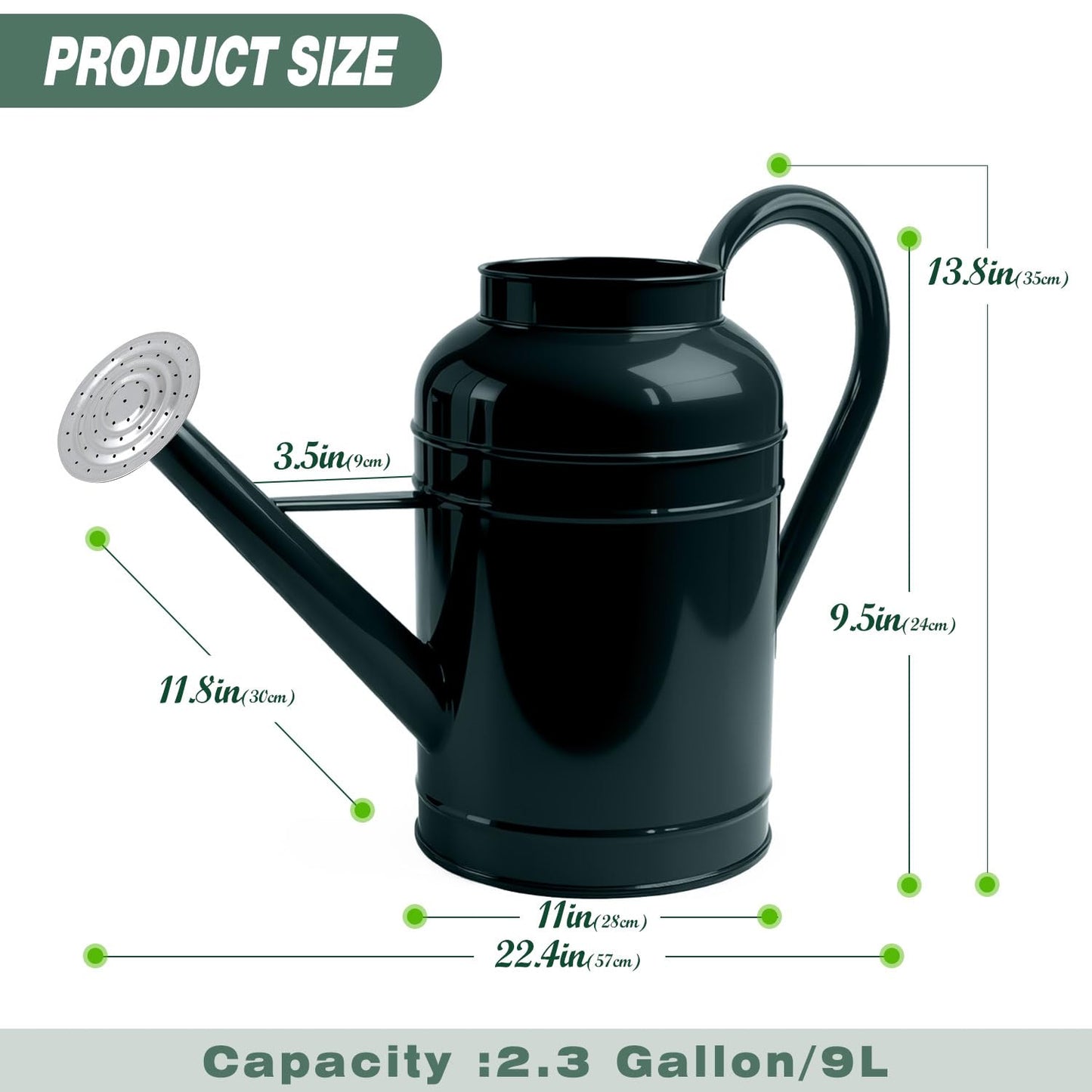 LONGRUN 2.3 Gallon Dark Green Metal Watering Can for Plants and Garden with Removable Spout, Made of Galvanized Iron