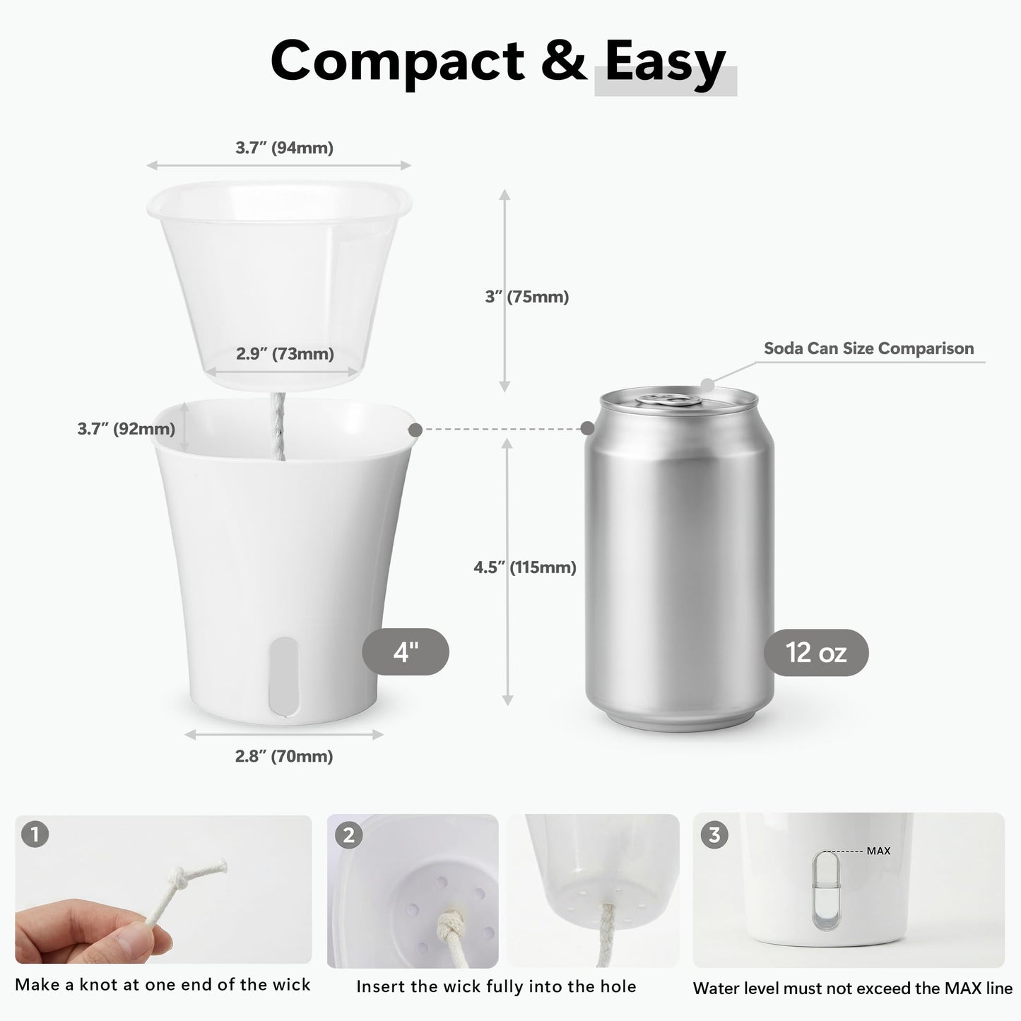 FYRIXONE 10 Pack 4" Self Watering Small White Plant Pots for Indoor Plants, Clear Inner Cup, Water Level Indicator, Drainage Holes & Wick, for Cuttings, Seedlings, Herb, African Violet, Hoya, Begonia