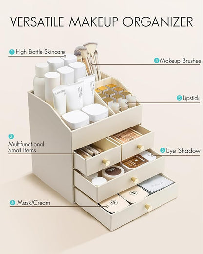 VLANDO Makeup Organzier,Vanity Organizer with Drawers, PU Leather Skincare Organizer Perfume Organizer,Large Cosmetic Display Case for Lipstick,Brushes Gifts for Women, Beige, 4 Layer