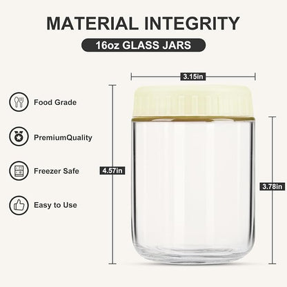 SHOWIN Overnight Oats Containers with Lids, 16oz Glass Jars with Lids 2 pcs, Milk White, Wide Mouth Mason jars for Salad, Yogurt, Snacks, Meal Prep