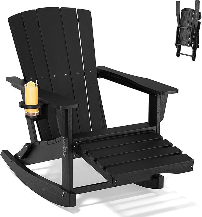 Adirondack Rocking Chair with Retractable Ottoman, Outdoor Folding Adirondack