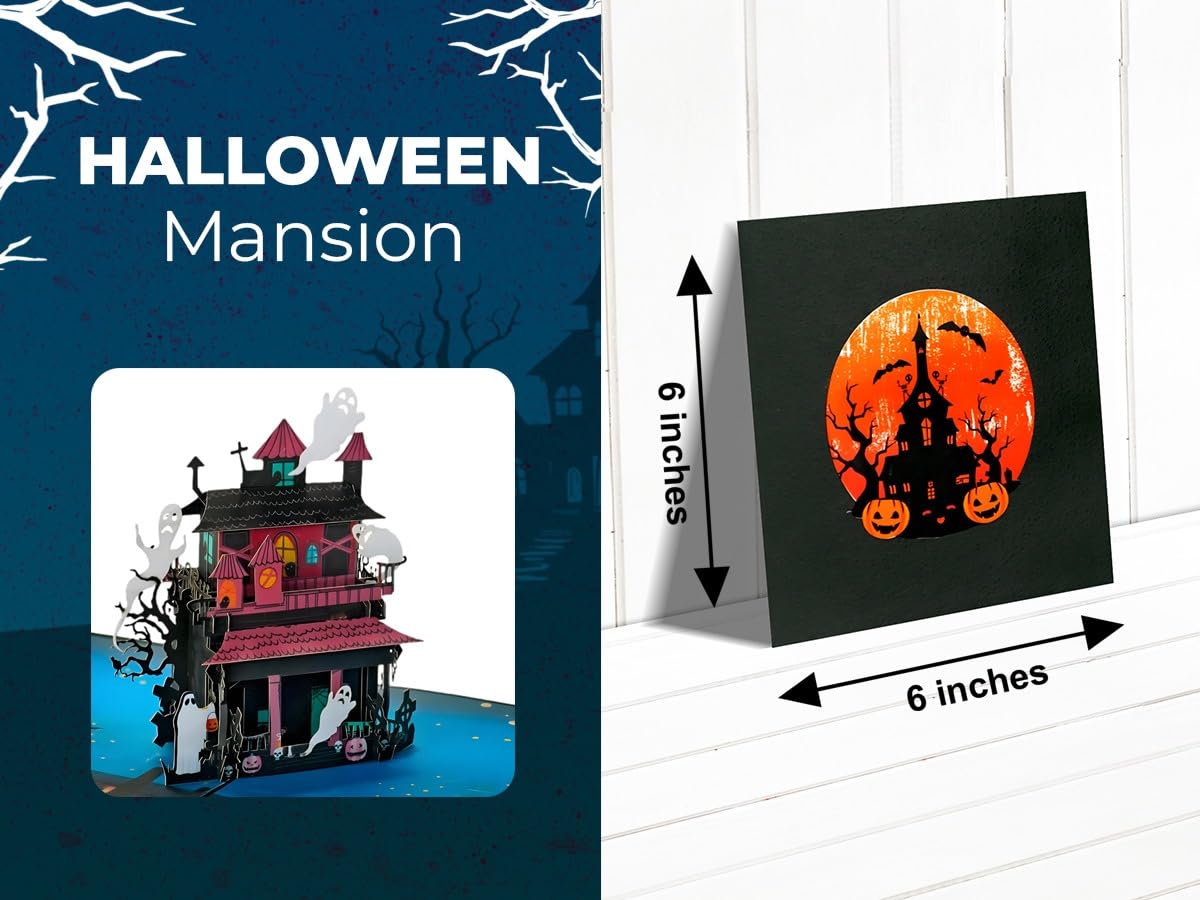 iGifts And Cards Halloween Haunted Mansion 3D Pop-Up Card – Spooky Ghost House, Pumpkins & Bats – 6"x6" Creepy Greeting Card for Trick-or-Treaters, October Birthdays, Parties & Eerie House Gifts