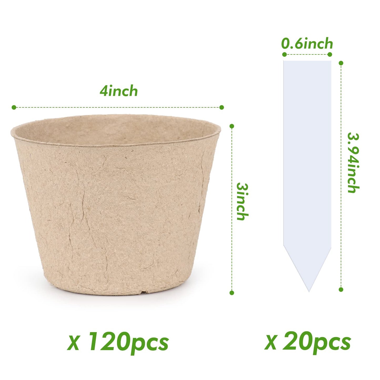 homenote Peat Pots, 4 Inch Seed Starting Pots with Drainage Holes Round(120 Pcs) with 4 Inch Plastic Plant Labels Waterproof Plant Tags(200 Pcs)