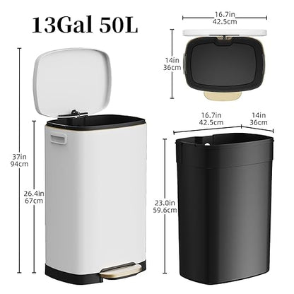 KdbK 13 Gallon Trash Can with Lid, 50L Fingerprint Proof Stainless Steel Kitchen Trash Can with Removable Inner Bucket and Lid Soft Close, Pedal Rubbish Bin for Home Office, White