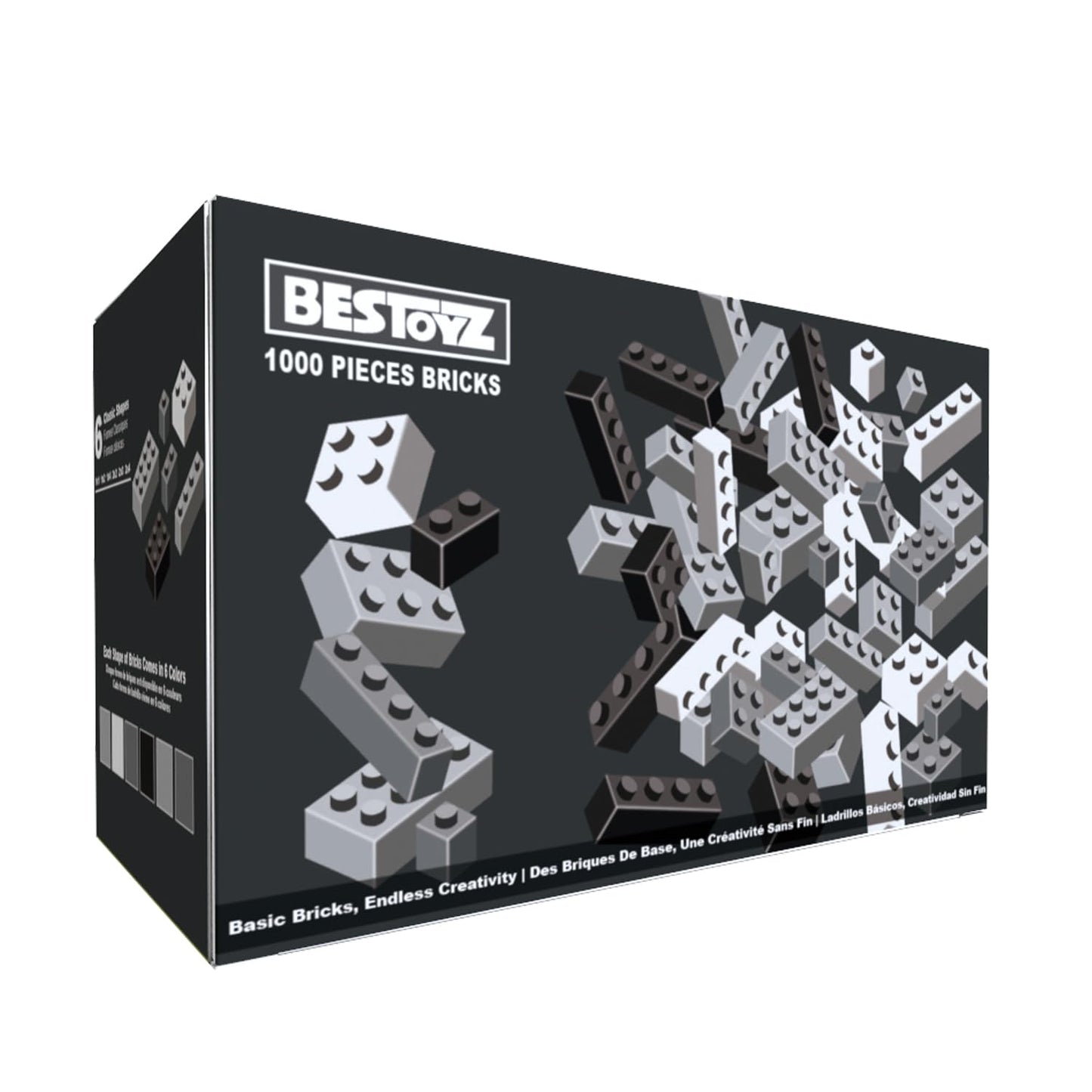 Building Bricks 1000 Pieces in Black, Dark Grey, Light Grey & White, Classic General Building Blocks Toys for Boys & Girls, Bulk Basic Brick Tiles for Adult's Building Projects