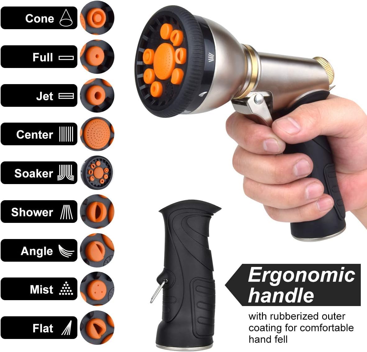 Garden Hose Nozzles 9 Adjustable Patterns Hose Spray Nozzle Heavy Duty Metal Hose Nozzle Spray Slip Resistant Water Sprayer for Cleaning/Watering Lawn Garden/Pets Shower/Car Washing (Orange)