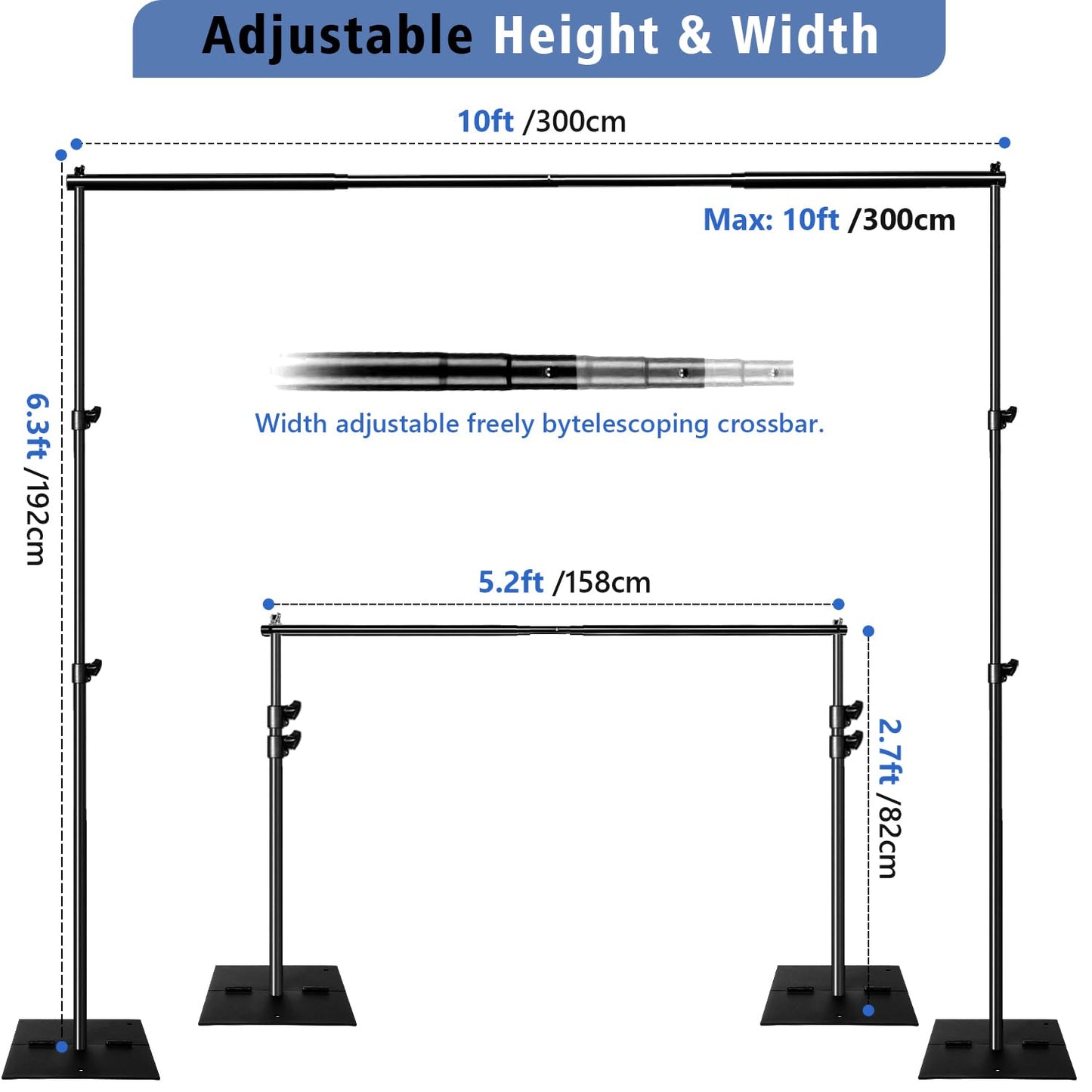 SLOW DOLPHIN Pipe and Drape Photography Backdrop Stand Kit Adjustable Photo Background Stand 10ft x 6.5ft with Metal Base for Parties Weddings Birthday Party Events Photo Booth