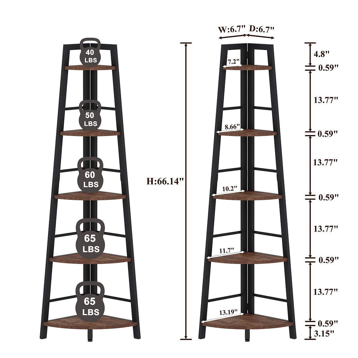BON AUGURE 5-Tier Corner Ladder Shelf Stand, Black Metal Wood Corner Bookshelf, Narrow Tall Display Bookcase Shelving Unit for Living Room, Home Office, Small Space (Rustic Oak)