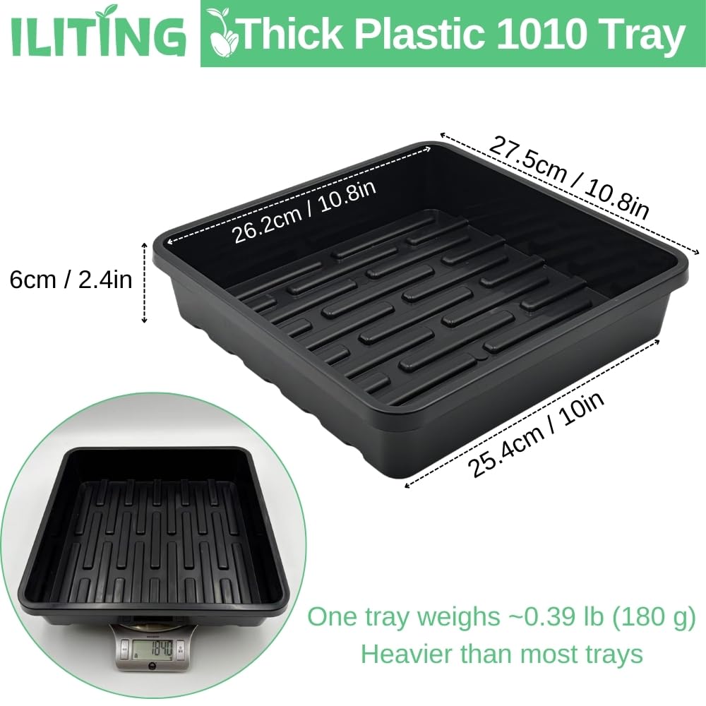 ILITING 1010 Growing Trays, 5-Pack Heavy Duty Seed Trays 10" x 10" Without Drain Holes for Seedlings, Microgreens, Wheatgrass, Fodder & Hydroponics, Black