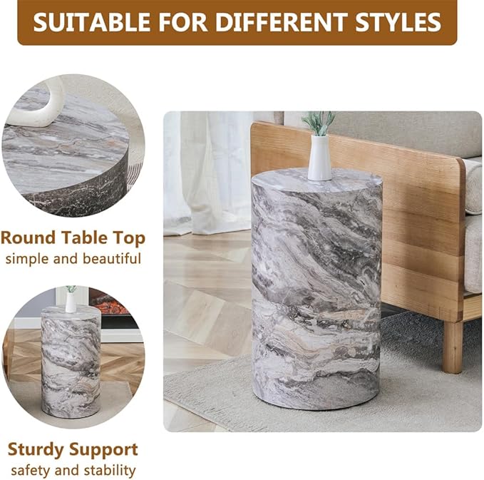 Round End Table Living Room Table, Faux Marble Sofa Couch Side Table, Bedside