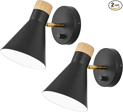Wall Sconce Set of 2, Wall Sconce Lighting Fixture with Metal Shade, Rotary Switch, Indoor Decor Wall Mount Swing Arm Lamp for Bedroom,Hallway,Living Room,Reading, Black