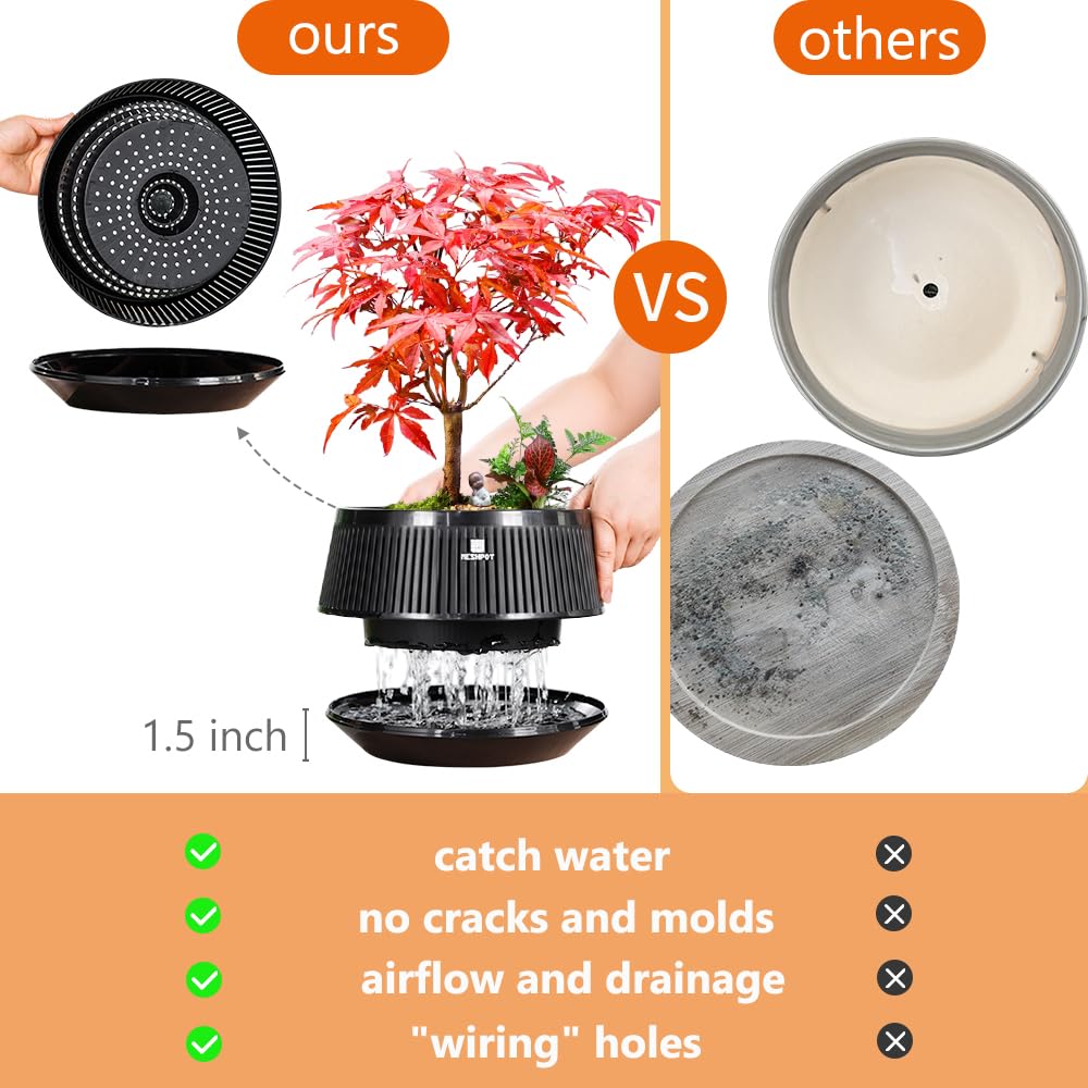 Meshpot 8 Inch Bonsai Pots with Drainage Tray, Set of 1, Plastic Imitate Ceramic Bonsai Tree Pot with Excellent Airflow, Large Succulent Pots for Indoor Plants, Juniper, Ficus, Chinese Elm, Cactus