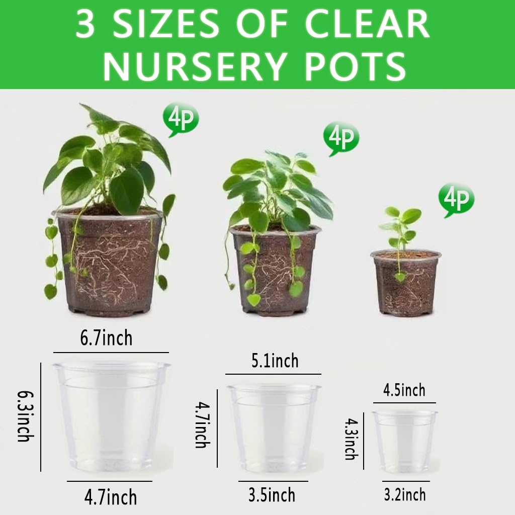 NABAOXUN 12 Pack 6.7/5/4.5 Inch Clear Plastic Pots for Plants，Thickened and Durable Nursery Pots for Plant，Plastic Plant Pot Seedling Planter Seed Starter Flower