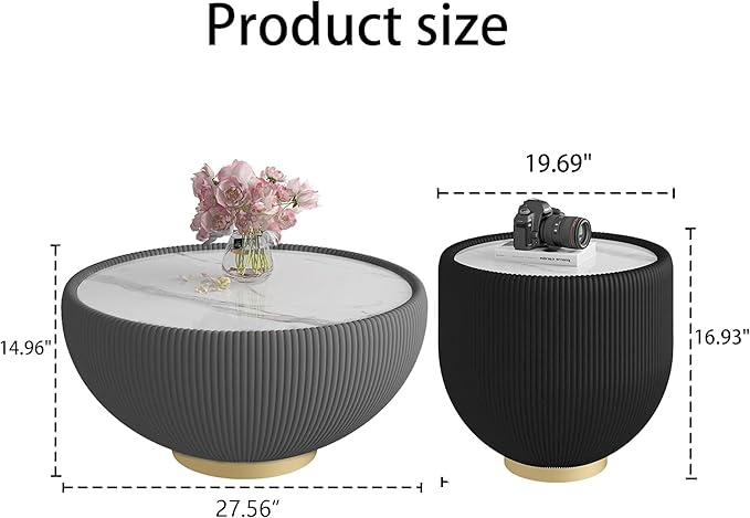 Round Marble Coffee Table Set of 2, 2 Piece White Coffee Table and End Table