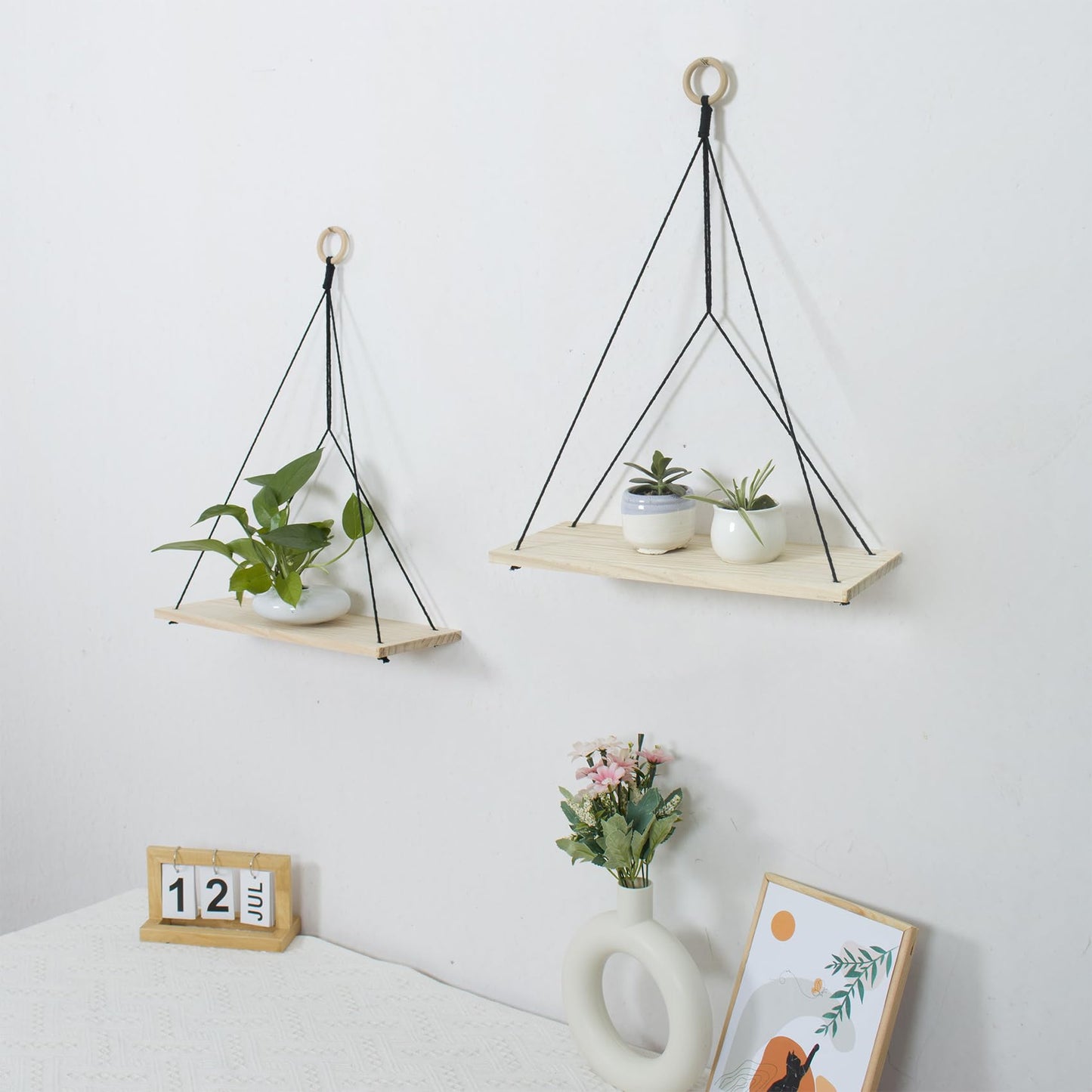 HVEST Macrame Wall Hanging Shelf Set of 2, Black Geometric Macrame Wall Art Wooden Floating Hanging Shelf Black Woven Decor Plant Hanger Handmade Woven Tapestry for Bedroom Living Room Home Decor