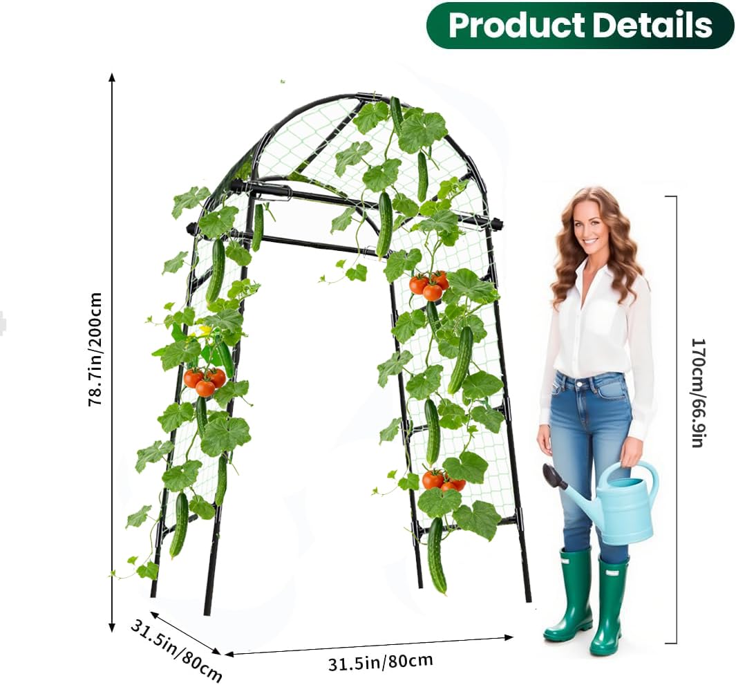 Garden Arch Trellis for Climbing Plants Outdoor - (Black, 81x36x32in) Cucumber Trellis for Raised Bed with Net, Garden Trellis for Climbing Plants, Cucumber, Vegetable, Tomato, Flowers 20mm Thick