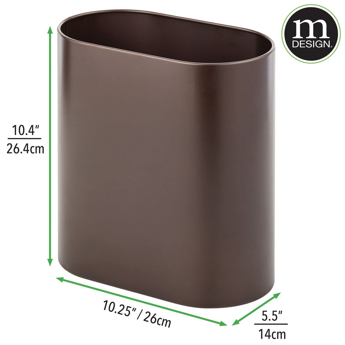 mDesign Slim Pill-Shaped Metal 1.98 Gallon/7 Liter Recycle Trash Can Wastebasket, Garbage Container Bin - Bathroom, Kitchen, Bedroom, Office - Durable Stainless Steel, Mirri Collection, Bronze