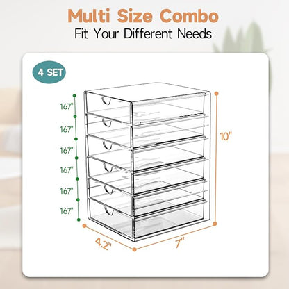 Makeup Drawer Storage Organizer with 24 Drawers, 4 Set Acrylic Office Desk Organization and Storage, Dustproof Drawer Organizer for Makeup, Office, Countertop, Jewelry, Pen, Desktop, Bathroom, Bedroom