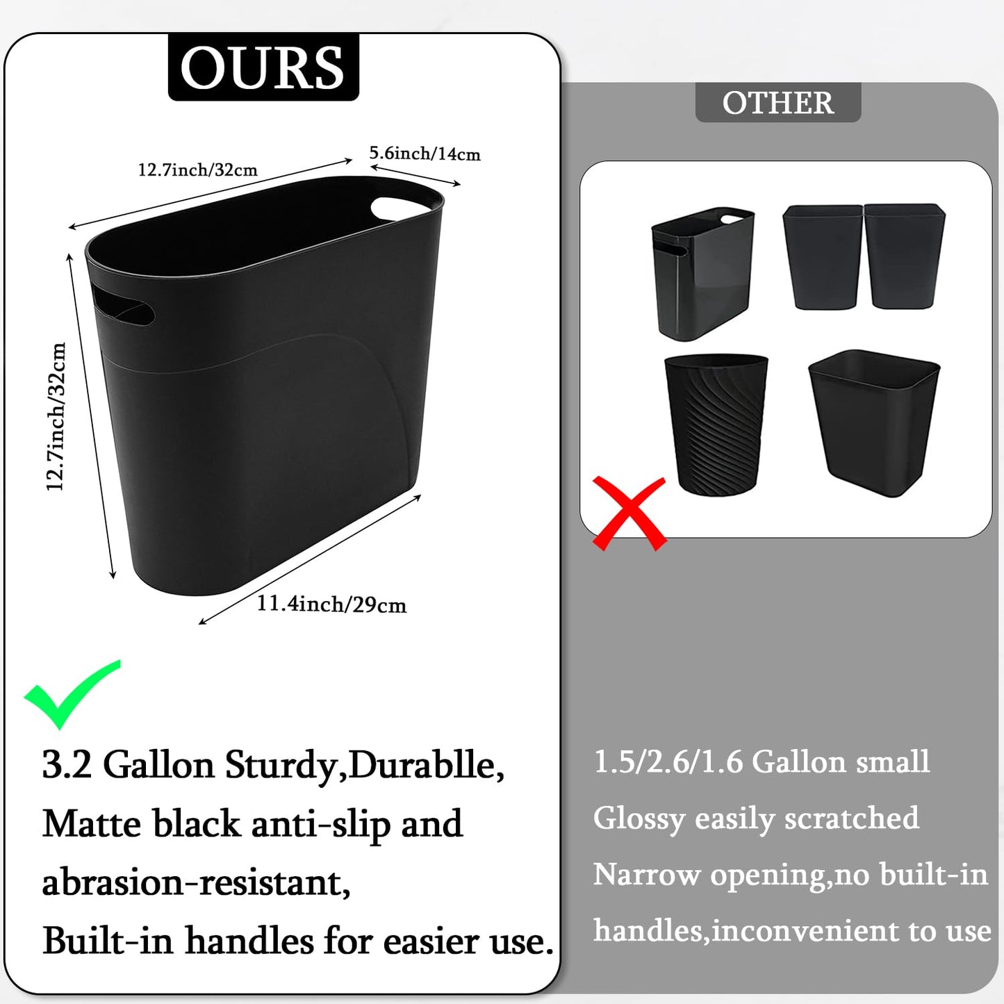 3 Pack Slim Waste Basket 3.2 Gallon Narrow Office Trash Can, Plastic Bathroom Wastebasket Slim Garbage Can Container Bin with Handle for Narrow Spaces Bathroom Bedroom Kitchen Office at Home, Black