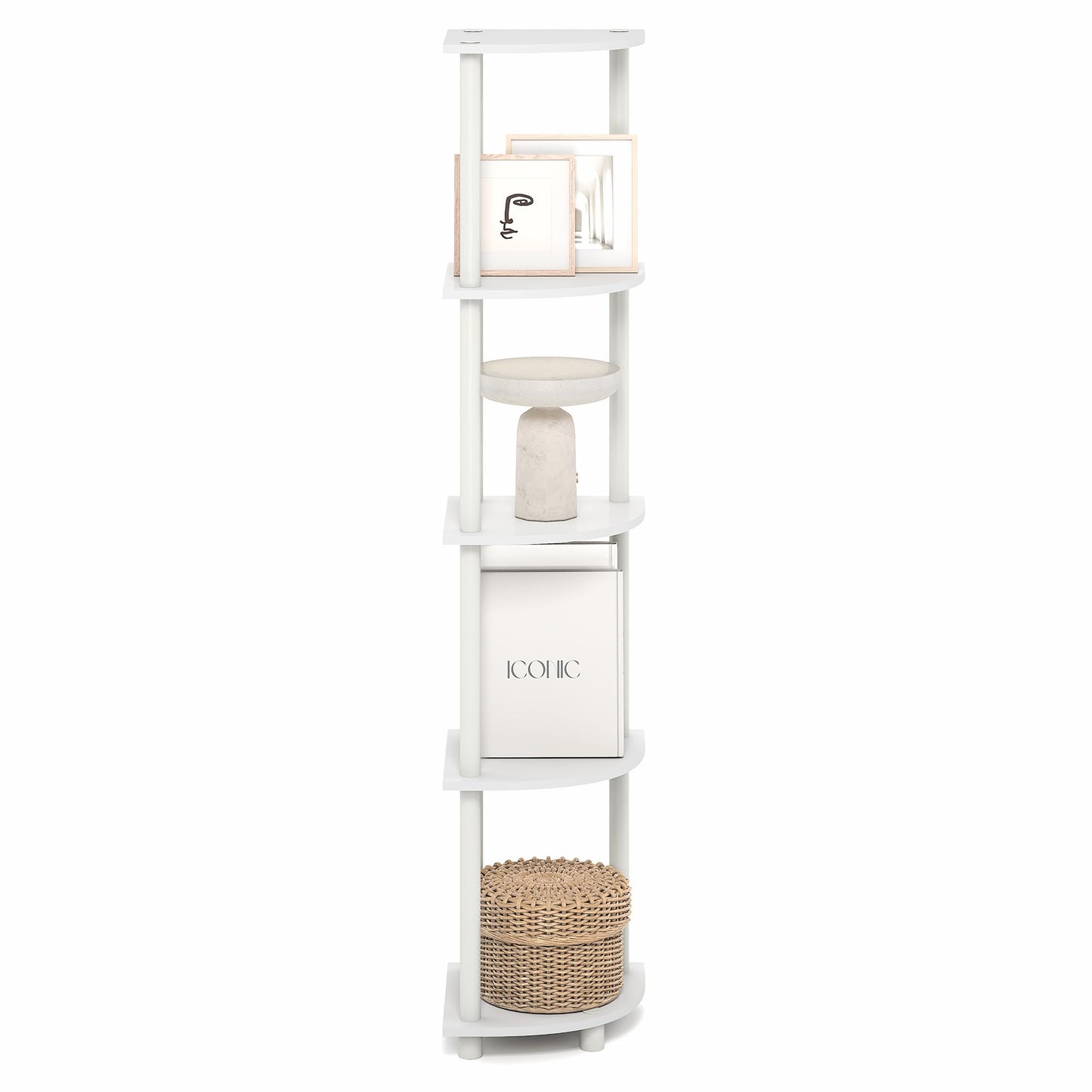 Furinno Turn-N-Tube Corner Shelf, 5-Tier Corner Bookshelf, Open Storage Shelves, for Organization and Storage, Living Room, Home Office, Garage, Bedroom, Plain White