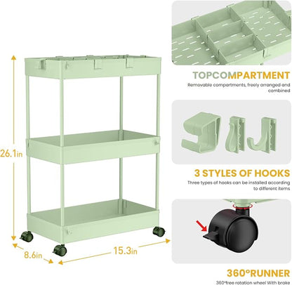 SPACELEAD 3 Tier Rolling Cart with Wheels, Storage Craft Art Trolley Organizer Serving, 3 Hanging Baskets Easy Assembly, for Office, Living Room, Kitchen, Green