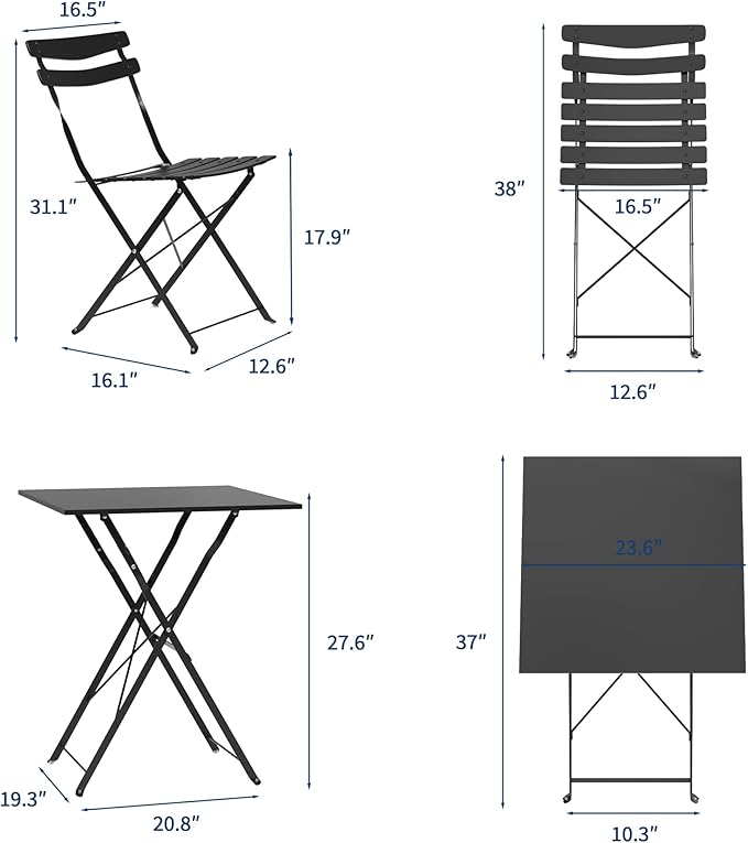 GarveeLife 3 Piece Patio Bistro Set, Folding Patio Bistro Table and Chairs Set