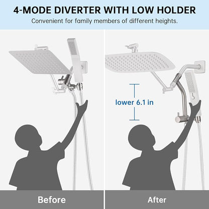 G-Promise All Metal 12 Inch Rain Shower Head with Massage Mode Handheld Spray Combo, 3-Way Diverter with Pause Setting, Full Body Coverage, Modern Bathroom Upgrade (Brushed Nickel)