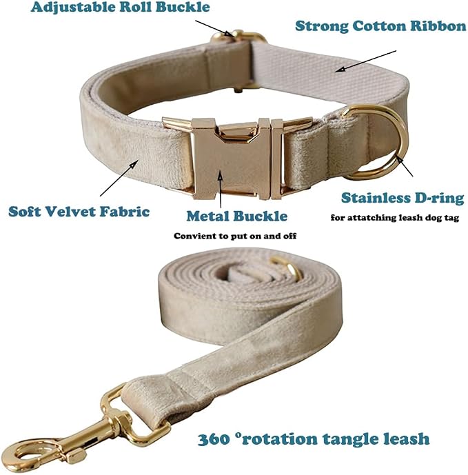 Love Dream Velvet Dog Collar and Leash Set, Soft & Comfy Adjustable Dog Leash and Collar with Heavy Duty Metal Buckle for Small Medium Large Dogs Training & Walking (Large, Skin Color)