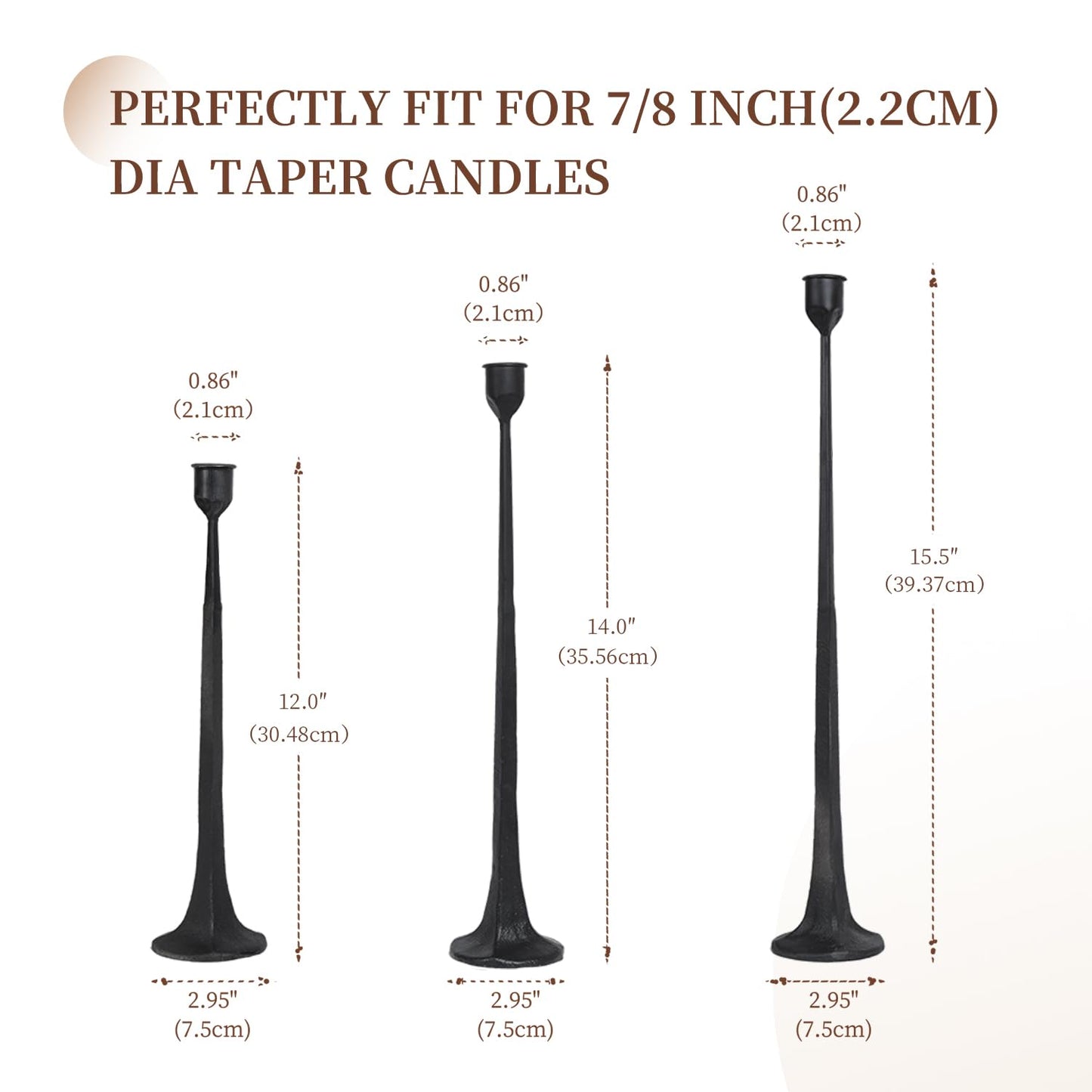 Set of 3 Candle Stick Holders,Iron Black Candlestick Holders, Fits 3/4 inch Thick Candles, Tapered Candle Holders Tall Set for Dining Table, Wedding, Home Decoration