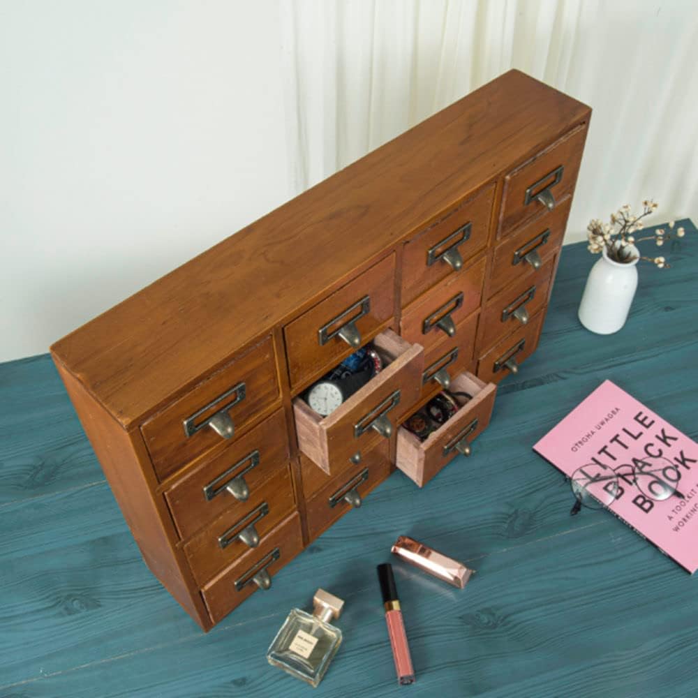 16 Drawers Apothecary Cabinet with Drawers Tabletop Apothecary Chests and Cabinets Library Card Catalog Cabinet Herb Storage Box Wooden Desk Drawer Organizer Medicine Vintage Furniture(BROWN)