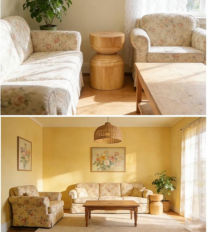 Solid Wood Stool & Sofa Side Table, Rustic Hourglass Wabi-Sabi Accent Coffee