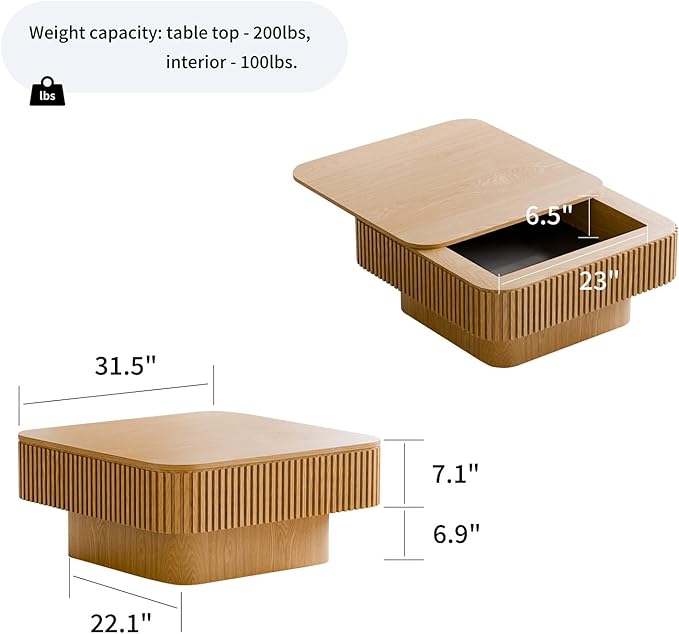 Square Coffee Table for Living Room, Fluted Drum Accent Tea Center Table